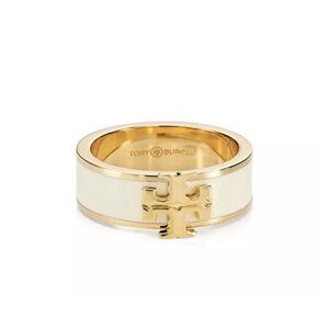 Tory Burch Kira Enamel Logo Ring Size 8 Chunky White and Gold EUC